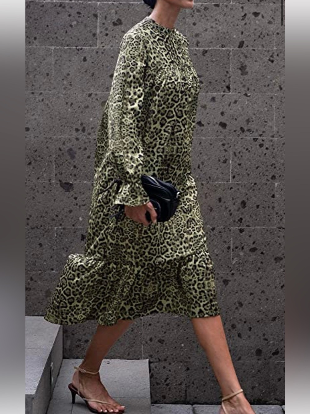 Jonny Cota The Drop Green Animal Print Long Sleeve Ruffle Hem Midi Dress S